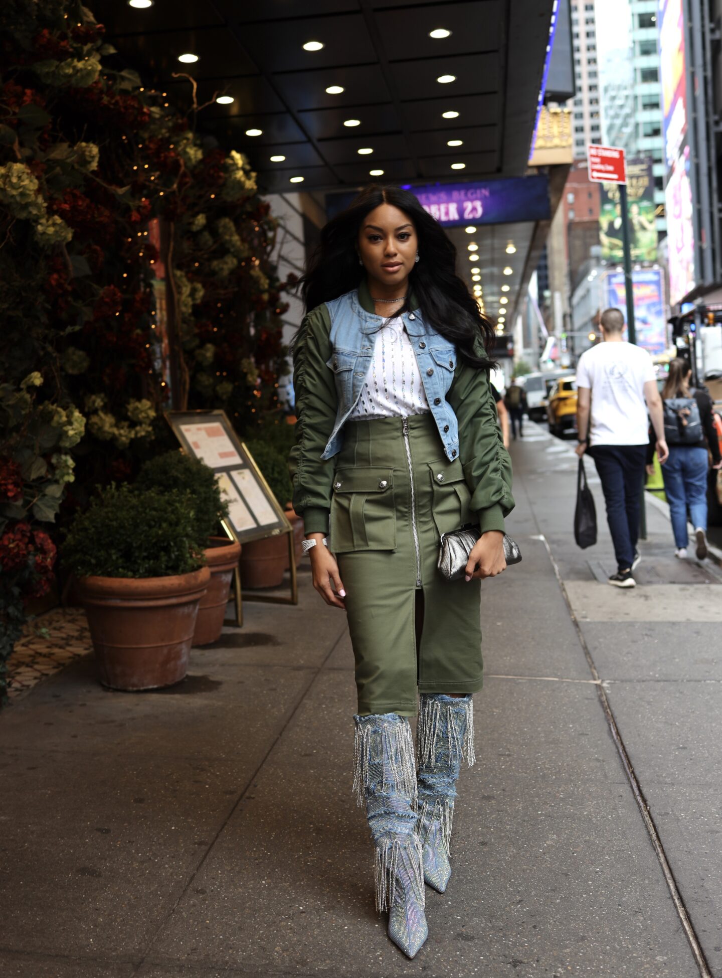 Veronica Beard Dallas Skirt Emelia Combo Jacket Azalea Wang Denim Embellished Boots GANNI tank top NYFW