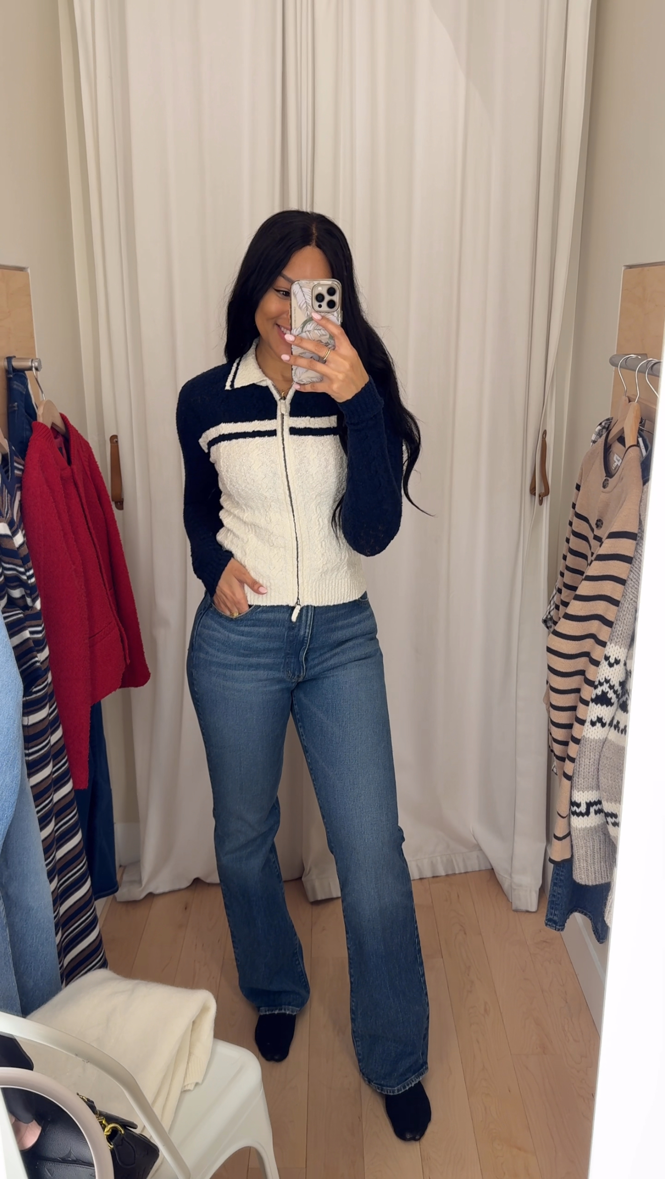 Madewell boucle cable knit zip cardigan and relaxed bootcut jeans try on